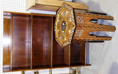 A 20th century oak tall bookcase, 60cm wide and an inlaid octagonal occasional table. (2)