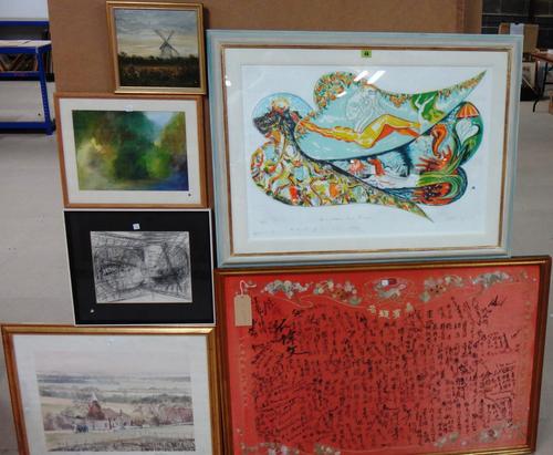 A group of 20th century pictures and prints, including a modern print, indistinctly signed, a watercolour of Regents Park by Paul Kenny, a Chinese sil