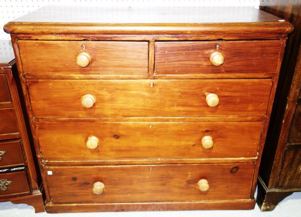 A 19th century stained pine chest of two short and three long drawers, 105cm wide.