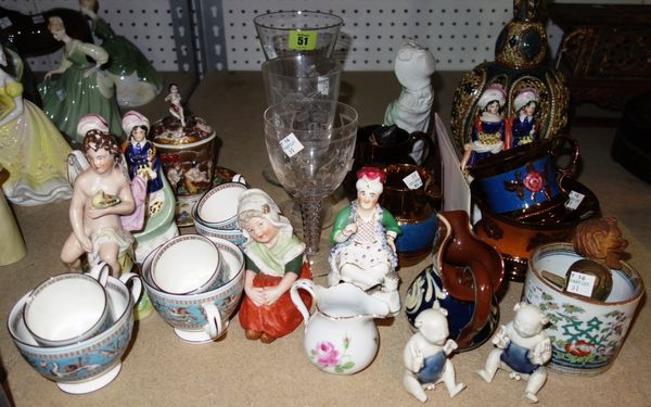 A group of ceramics, including copper lustre wares, etched commemorative glass, Staffordshire figures and sundry. (qty)