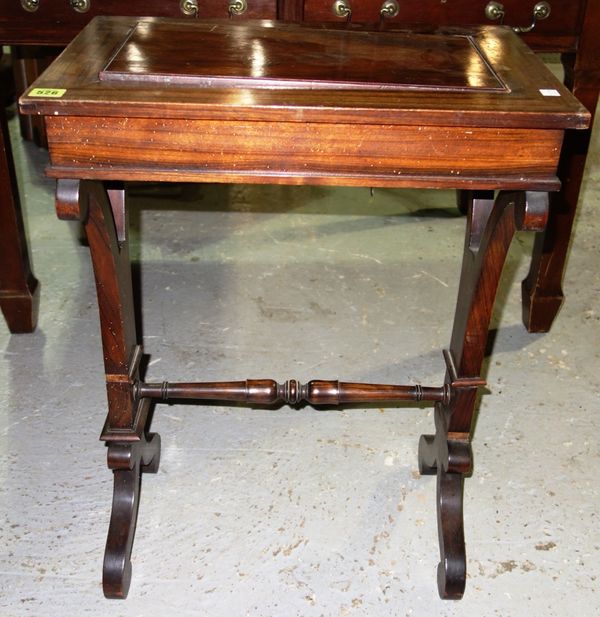 A William IV rosewood and faux rosewood jardinière, the rectangular top with lift out panel on 'X' frame trestle end standards, 54cm wide.