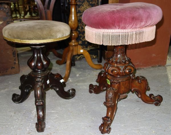 A Victorian mahogany height adjustable piano stool and another (2).