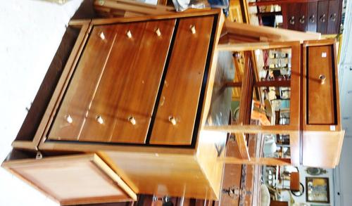 Heal's, a mid 20th century satinwood bedroom suite, to comprise, a three drawer dressing table with triptych mirror, 117cm wide, a chest of four long