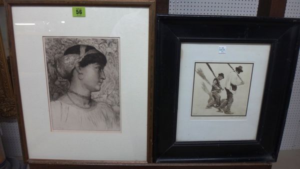 Thomas Riley (fl.1878-1892), Head of a girl, etching; together with a further print of two men by another hand.(2)