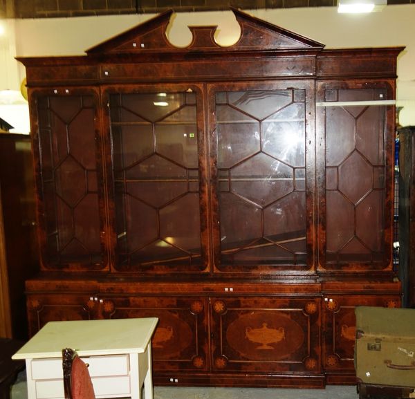 A 18th century style walnut inlaid breakfront bookcase, (a.f)