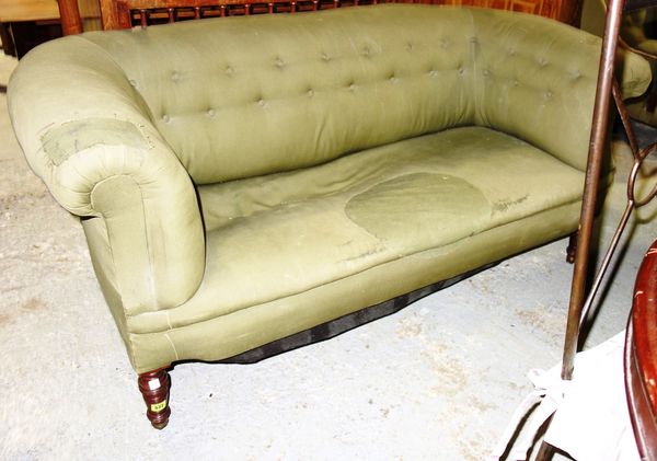 A 19th century mahogany framed green upholstered small sofa, 152cm wide.