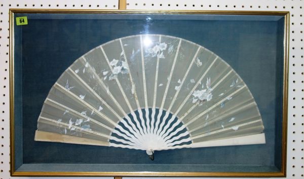 A framed and glazed Oriental fan, 79cm wide including frame.
