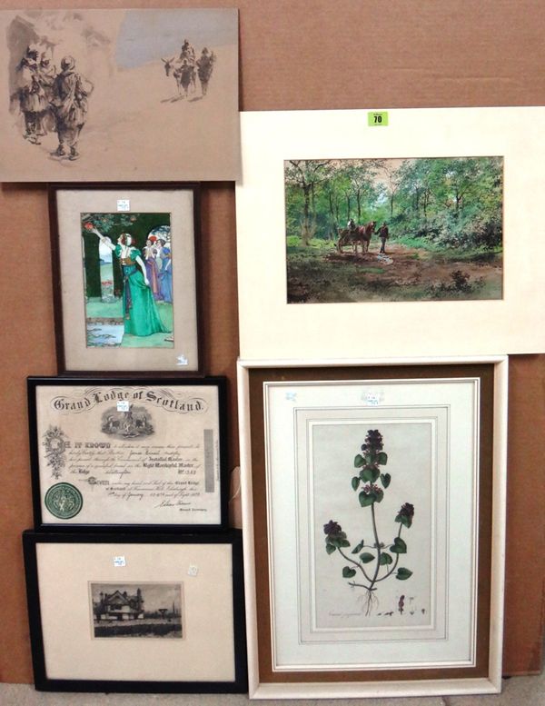 A group of seven, including an unframed watercolour of a horse and cart in woodland, a botanical engraving, an etching signed Whorry, a certificate fo