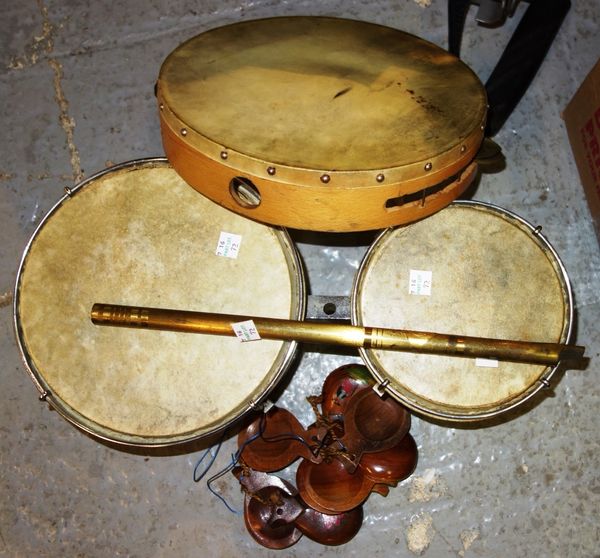A group of 20th century musical instruments, including a cased accordion, bongos, a tambourine and sundry. (qty)