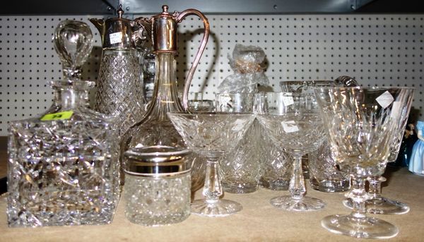 A quantity of 20th century cut glass, including decanters, drinking glasses, plated claret jugs and sundry. (qty)