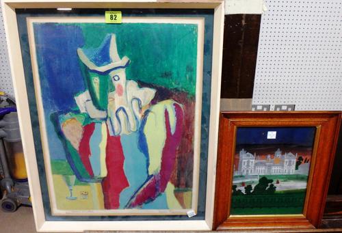 Louis Favre (1892-1956), Clown, colour lithograph, signed and inscribed, together with a print on glass of New Wellington College, Sandhurst.(2)