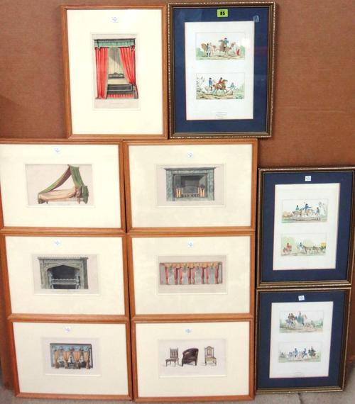 A group of seven Ackermann engravings with handcolouring, depicting furnishings, drapes and chimneypieces; together with three Swedish MIlitary prints