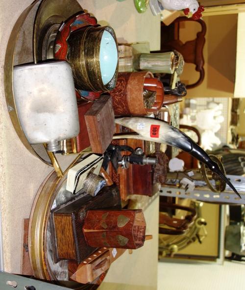 A quantity of collectables, including; copper/brass plates and bowls, carved wooden boxes, a pair of brass lamps and sundry. (qty)