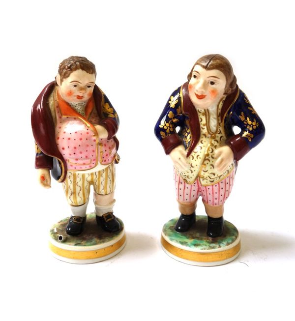 Two Stevenson & Hancock, Derby figures of topers, late 19th/early 20th century, each standing on a gilt-edged circular base, puce painted marks, each