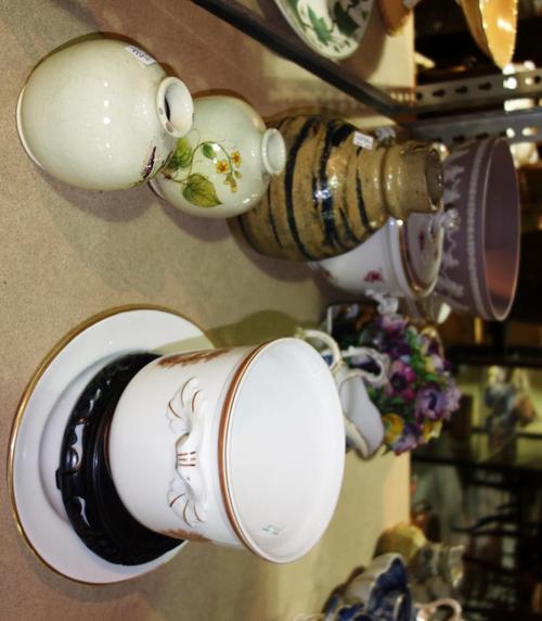 A quantity of ceramics, including a large lilac Wedgwood Jasperware bowl, a studio pottery vase signed HS, a Herend lidded pot, a floral moulded centr