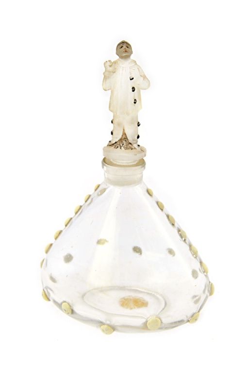 A Dubarry 'A Toi' Depinoix perfume bottle and stopper designed by Julien Viard, circa 1920, the frosted glass stopper moulded as a Pierrot, over a cle