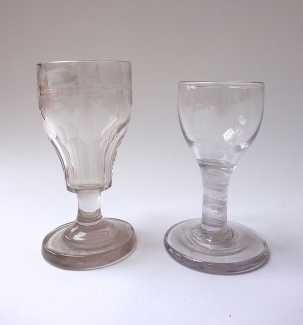 A group of 18th/19th century wine glasses, two with spiral inclusions, the tallest 15.2cm high. (7)