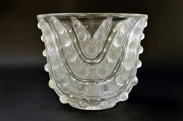 A Lalique 'Vichy' clear and frosted glass vase, designed in 1937, moulded with rows of flowering vines, acid stamped mark 'Lalique France', 17cm high.