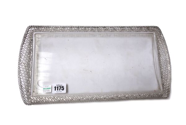 A Lalique clear and frosted glass rectangular two handled serving tray, mid 20th century, with relief moulded wicker work border etched 'Lalique Franc