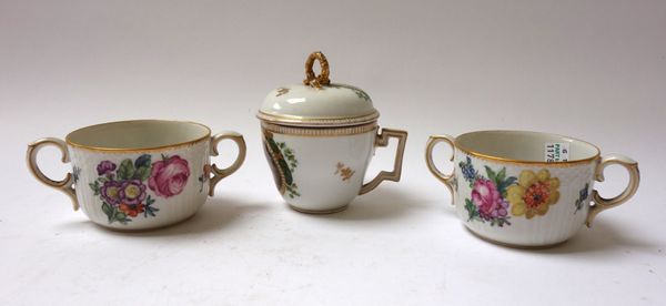 A small group of Continental porcelain, including; a German cylindrical box and cover, a Meissen style cup and cover painted with young lovers, a Meis
