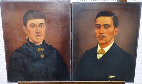 J. Silcock (19th century), Portrait of Mr & Mrs Marles, a pair, oil on canvas, both signed, inscribed and dated 1881 and 1882 on reverse, unframed.(2)