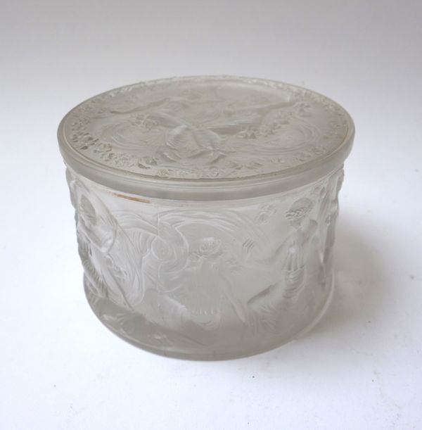 A Lalique frosted glass circular box and cover, pre-war, 'Figurines Drapees Dansant' pattern, relief moulded with Art Deco female figures within a flo