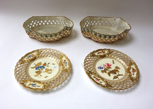 A pair of Minton bone china pierced plates, circa 1880, each painted in the centre with flowers and insects with raised tooled gilding and silvering,