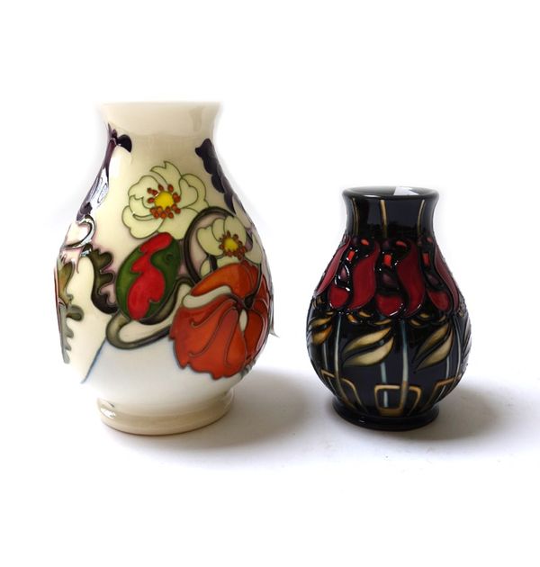 A Moorcroft  pear shaped vase, 2007, decorated in the `Sandringham Bouquet' pattern by Emma Bossons,14cm. high;  printed and painted marks; and a smal