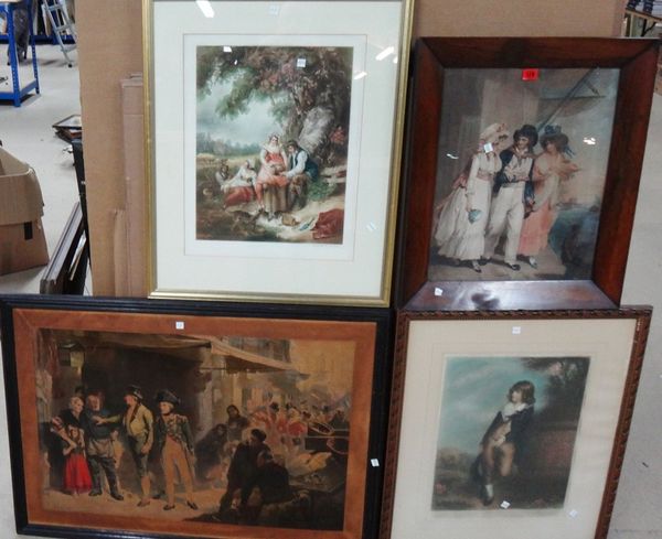 A group of assorted prints and engravings, including a colour mezzotint by Sydney E. Wilson, 'Bound for Trafalgar's Bay' and 'The Toast is Britain' af