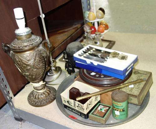 A quantity of collectables, including lamps, specimen stone eggs, a chess set, silver plate and sundry. (qty)