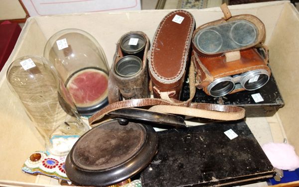 A quantity of collectables, including binoculars, tin boxes, glass domes, knives and sundry. (qty)