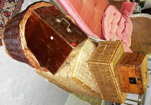A 19th century mahogany box, a pine box, and four wicker baskets. (6)