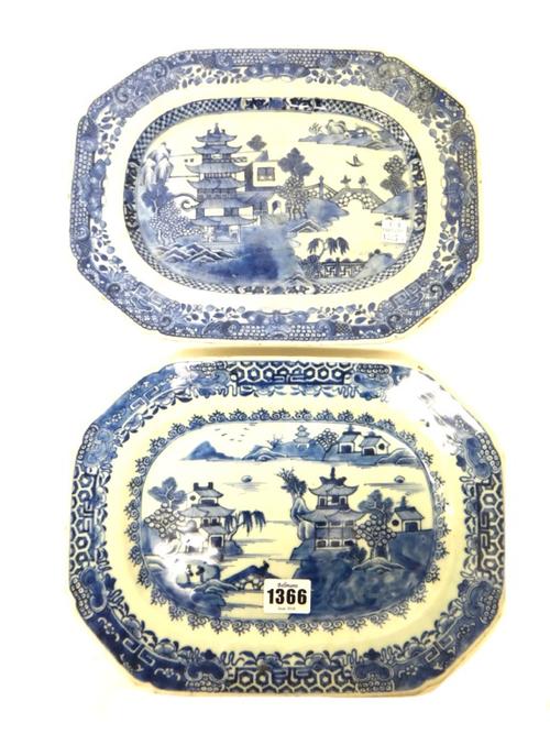 Two Chinese blue and white canted rectangular dishes, Qianlong, each painted with a riverscape with islands and figures crossing bridges, 28.5cm. wide