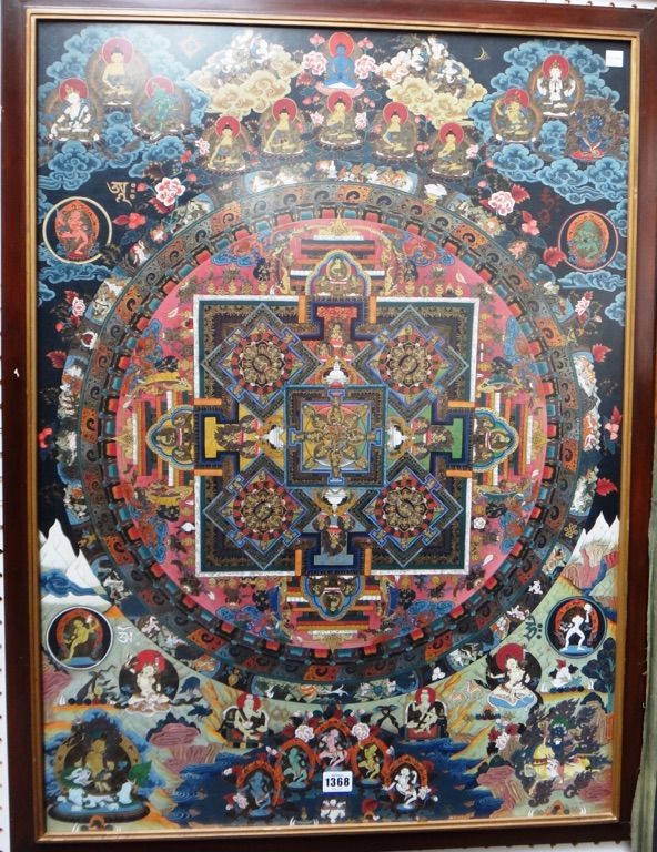 A Tibetan mandala thangka, 20th century, opaque pigments on cloth, depicting numerous deities, animals and flowers, 84cm. by 62cm., framed and glazed.