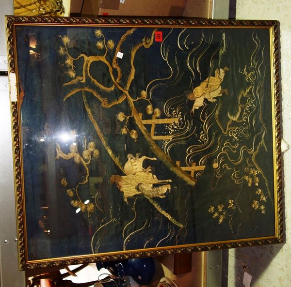 A 19th century Oriental silkwork depicting figures in a landscape, (1).