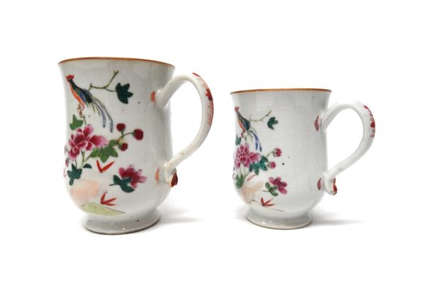 Two Chinese famille-rose graduated baluster mugs, Qianlong, each painted with birds in flowering branches, (a.f), largest 13.5cm. high.