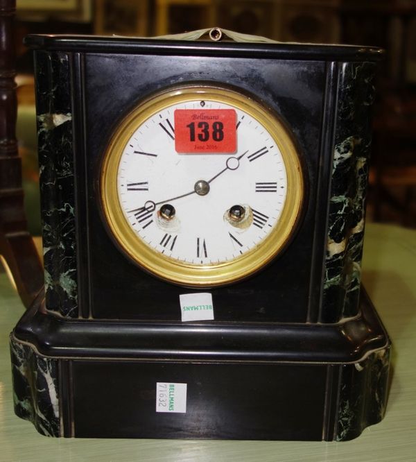 A 19th century black slate eight day mantel clock, (1).