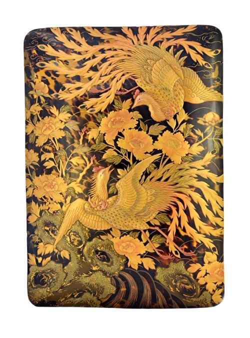 A Japanese tortoiseshell and lacquer stationary box ( Ryoshibako), Meiji period, decorated in gold and red takamakie and silver hirame with two phoeni