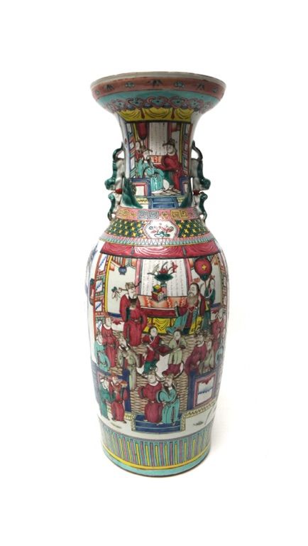 A Chinese famille rose baluster vase, late 19th century, painted with a procession of figures and an interior scene, the neck applied with a buddhist