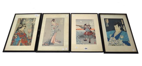 Four Japanese woodblock prints, figure subjects including examples by Kunichika Toyohara and Yoshitoshi, each approx. 32cm. by 22cm., framed and glaze