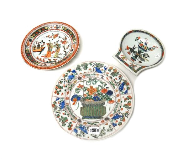 A group of Chinese famille-verte porcelain, Kangxi, comprising; a shell-shaped dish painted with precious objects, 17.5cm.diameter; a plate painted wi