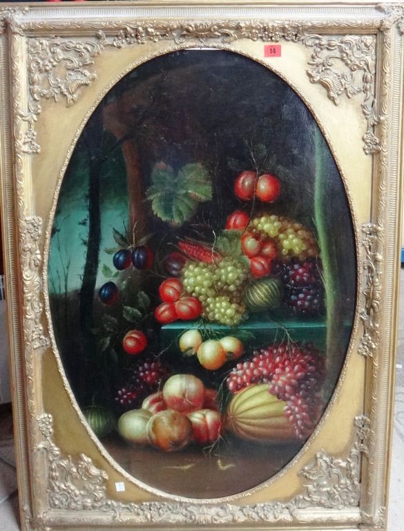 Chinese School (late 20th century), Still life of fruit, oil on panel, oval. (1)
