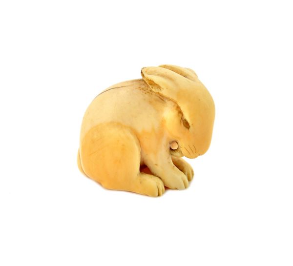 A Japanese ivory netsuke of a hare, 19th century, carved sitting and licking its right foreleg, the eyes inlaid, signed Ranichi, 2.5cm.high.  Illustra