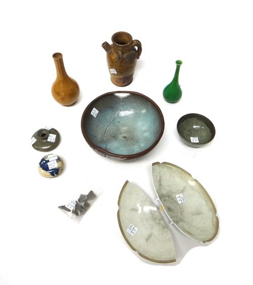 A group of Chinese ceramics, various dates, comprising a jun ware  blue and purple splashed bowl with copper rim, 18cm.diameter; a Qingpai shaped circ