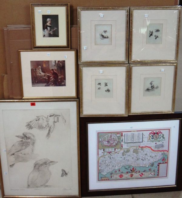 A group of eight, including an etching of Kookaburras, indistinctly signed, a group of four engravings of animals, a reproduction map of Sussex, and t