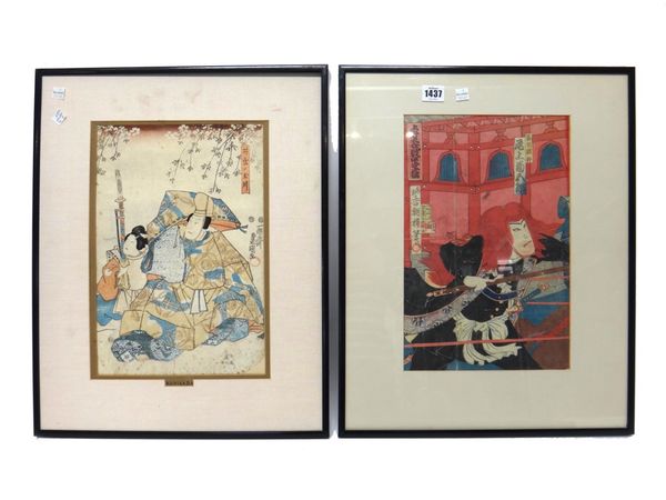 Four Japanese woodblock prints, 19th century, of various subjects, including one by Kunisada and two mounted in a single frame, the largest 35cm. x 23