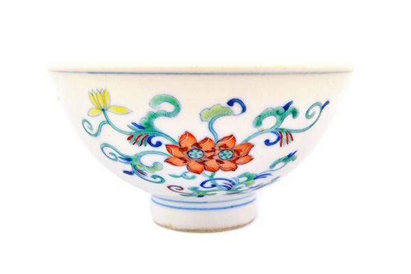 A good Chinese doucai bowl, seal mark and period of Daoguang, the steeply rounded sides painted in underglaze-blue and enamelled in the doucai palette