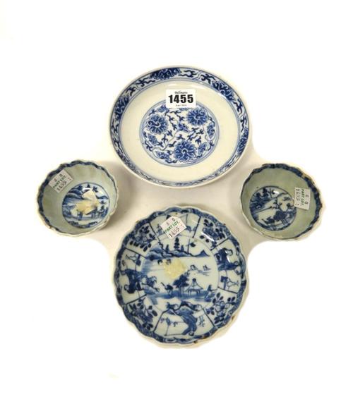 A Chinese blue and white `lotus' saucer, Guangxu mark and probably of the period, painted with a central panel of scrolling lotus encircled at the rim