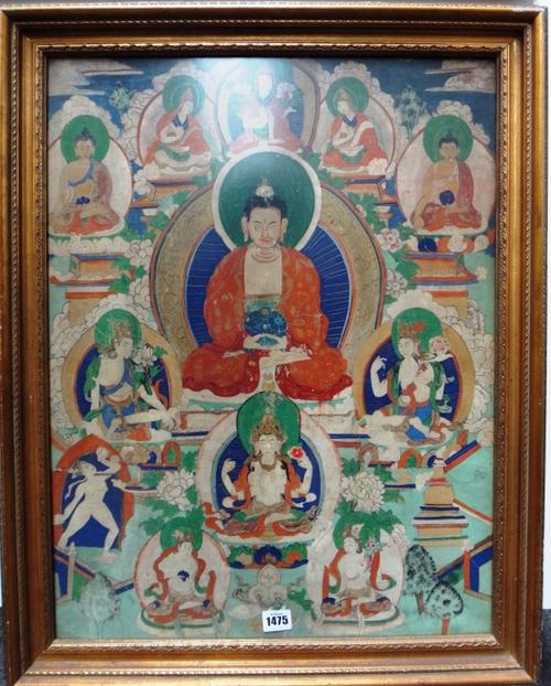 A Tibetan thangka, 19th century, pigment on cloth laid on board, painted with a central seated Buddha and  eleven deities, 62cm. by 47cm., framed and