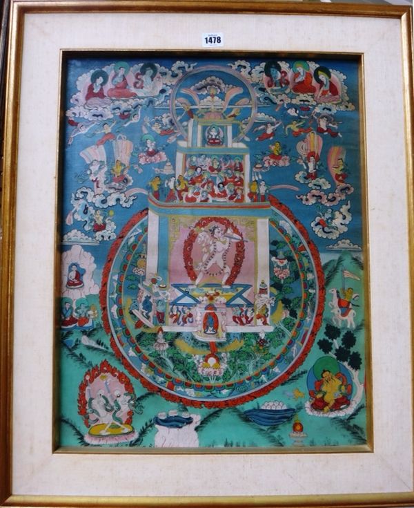 A Tibetan thangka, pigment on cloth laid on board, painted with many Buddhist deities and devotees, 56cm. by 44cm., in later frame.